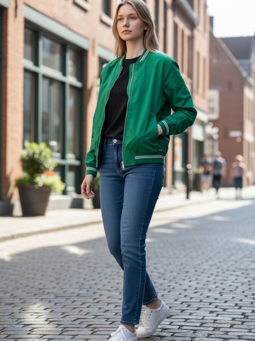 Denim & Flower Green Bomber Jacket with White-Trim Ribbing